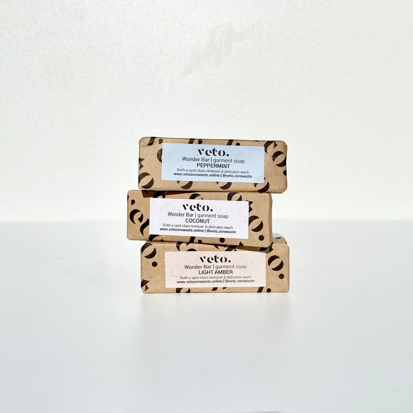 Three veto Wonder Bars - Coconut, Amber and Peppermint - stacked in front of white background
